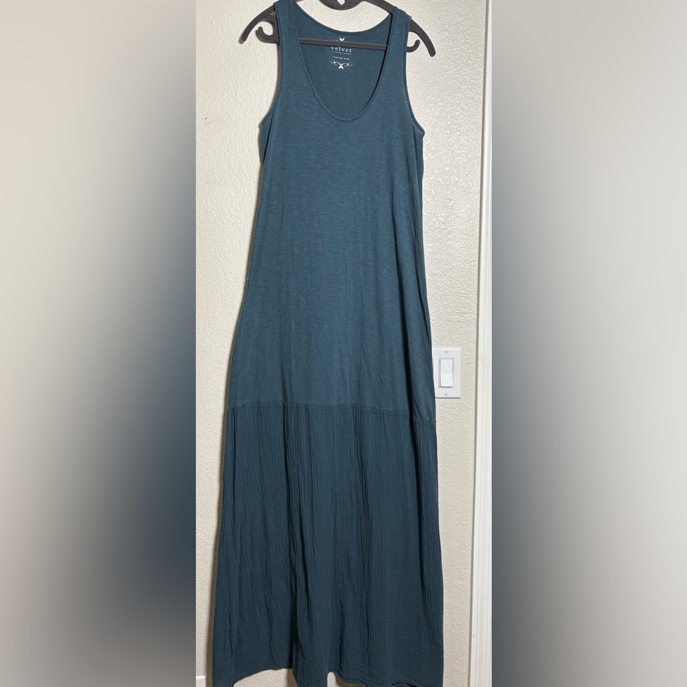 Velvet by Graham and Spencer Chic Teal Maxi Dress, Vintage Slub. Lightweight. S